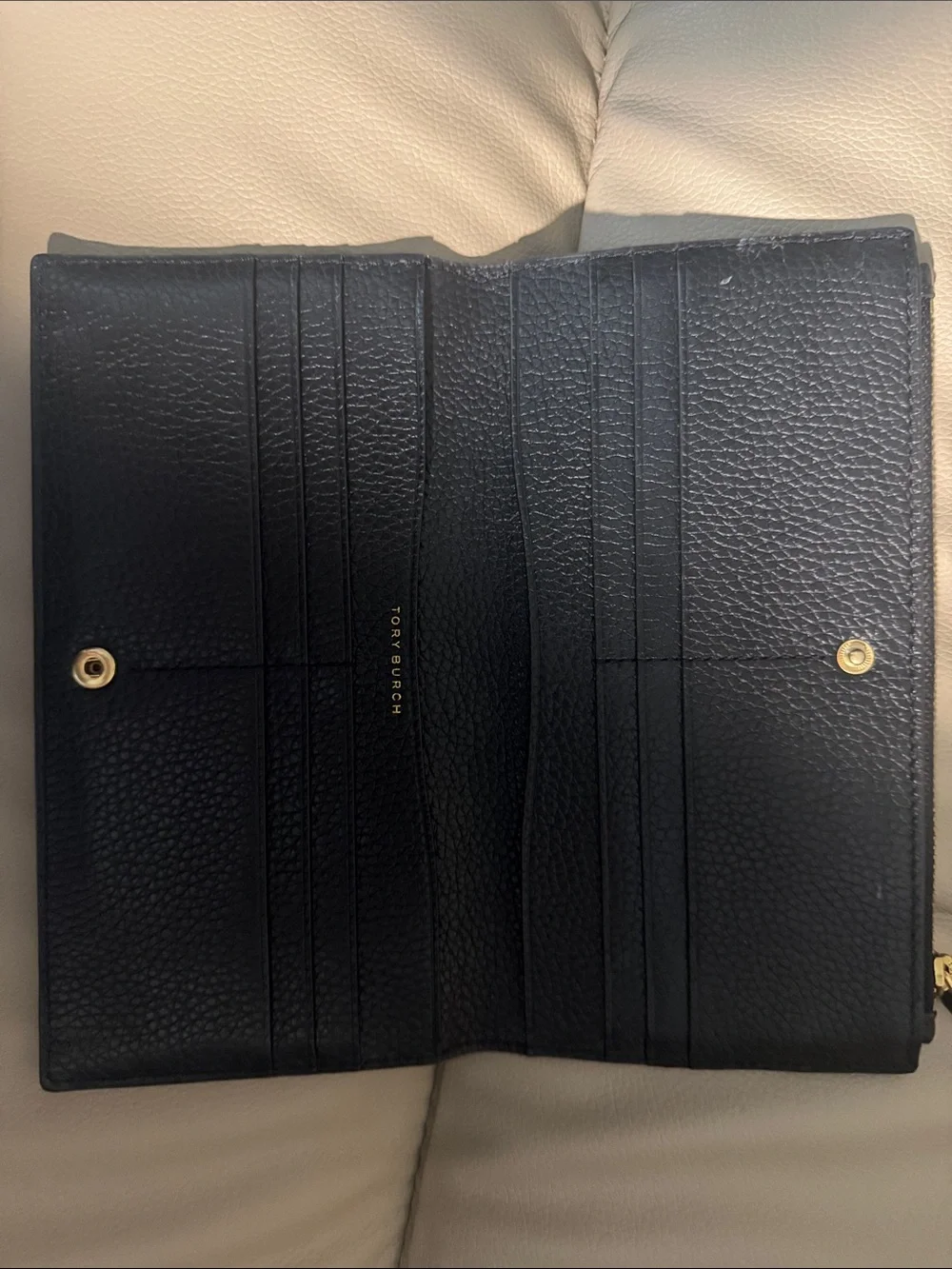 Tory Burch Navy Pebbled Leather Continental Wallet with Gold Logo